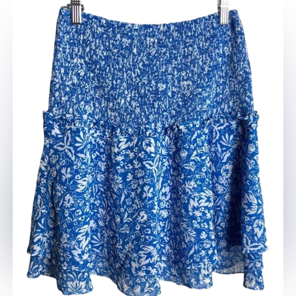 Avec Les Filles Blue Floral Smocked Skirt